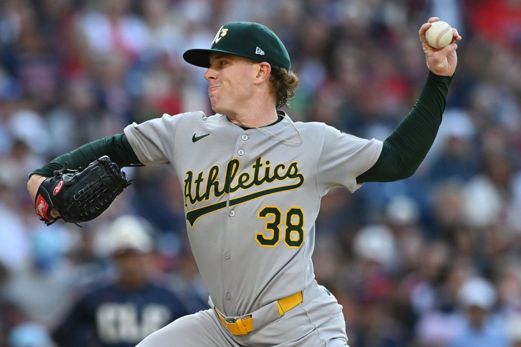 Jul 18, 2025; Cleveland, Ohio, USA; Athletics starting pitcher JP Sears (38) throws a pitch during the first inning against the Cleveland Guardians at Progressive Field. Mandatory Credit: Ken Blaze-Imagn Images
