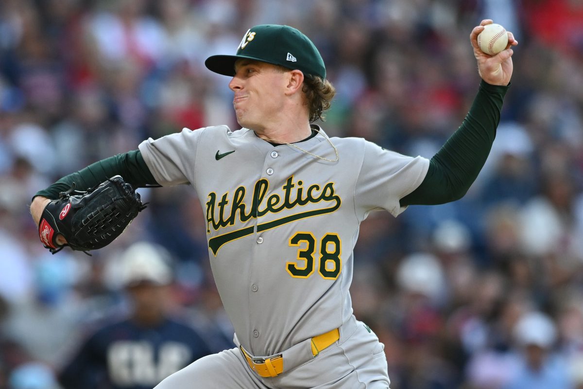 Jul 18, 2025; Cleveland, Ohio, USA; Athletics starting pitcher JP Sears (38) throws a pitch during the first inning against the Cleveland Guardians at Progressive Field. Mandatory Credit: Ken Blaze-Imagn Images