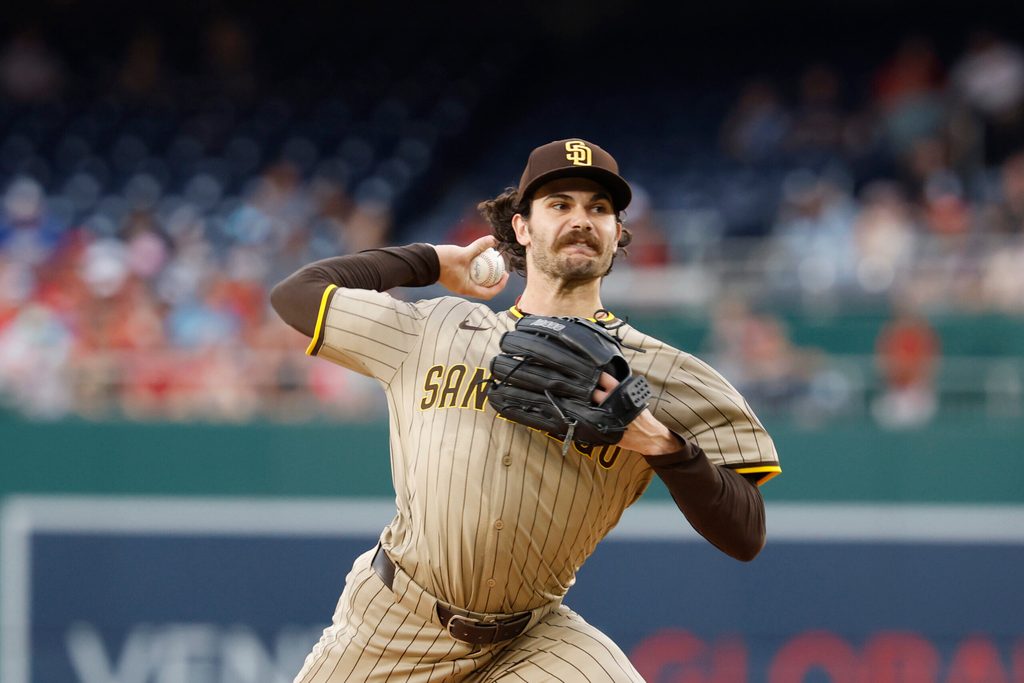 Jul 18, 2025; Washington, District of Columbia, USA; San Diego Padres starting pitcher Dylan Cease (84) pitches against the Washington Nationals during the first inning at Nationals Park. Mandatory Credit: Geoff Burke-Imagn Images