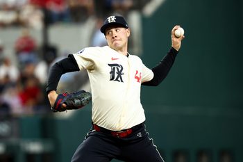 Jul 18, 2025; Arlington, Texas, USA;  Texas Rangers starting pitcher Patrick Corbin (46) throws during the first inning against the Detroit Tigers at Globe Life Field. Mandatory Credit: Kevin Jairaj-Imagn Images