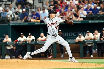 Jul 18, 2025; Arlington, Texas, USA;  Detroit Tigers starting pitcher Reese Olson (45) throws during the first inning against the Texas Rangers at Globe Life Field. Mandatory Credit: Kevin Jairaj-Imagn Images