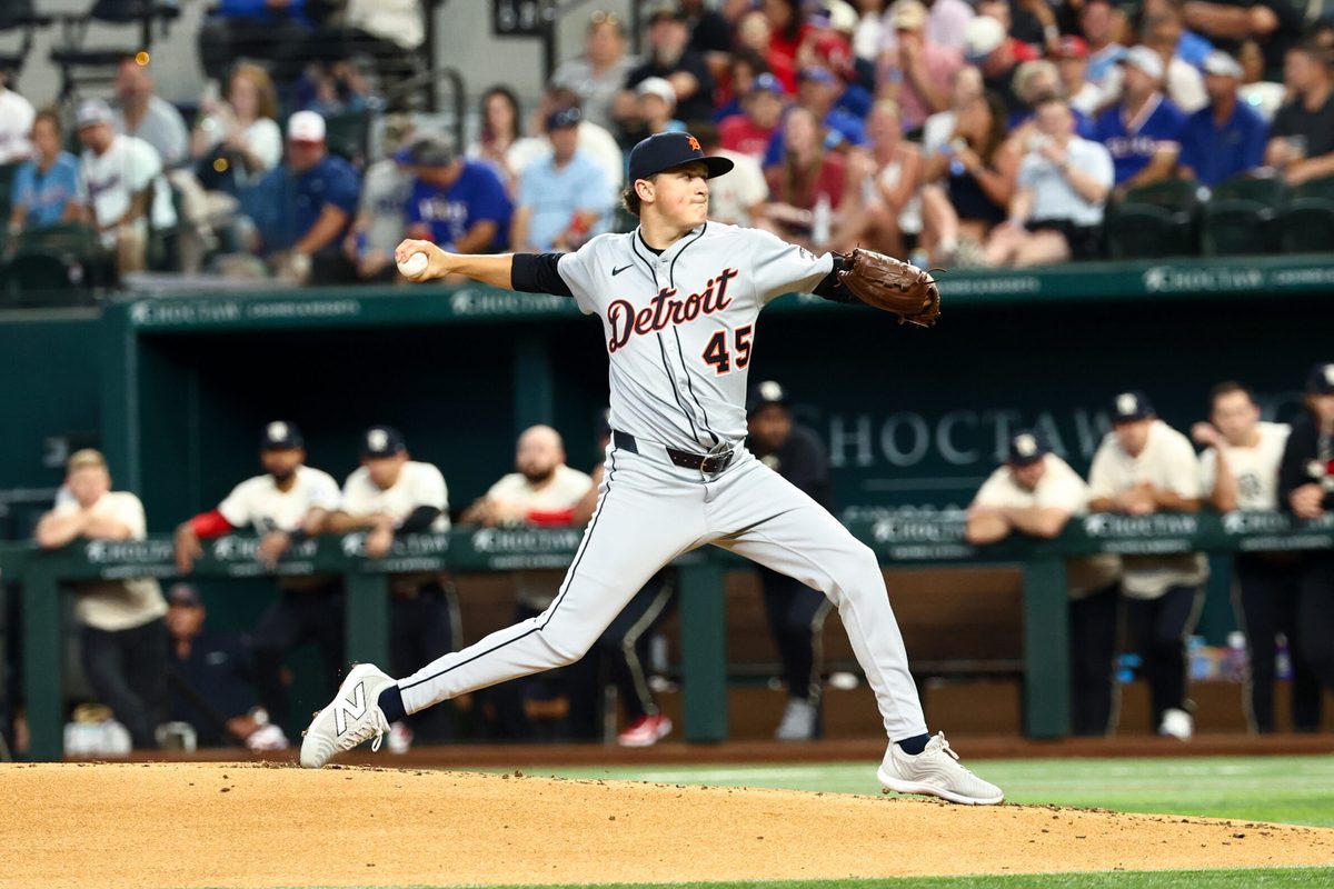 Jul 18, 2025; Arlington, Texas, USA; Detroit Tigers starting pitcher Reese Olson (45) throws during the first inning against the Texas Rangers at Globe Life Field. Mandatory Credit: Kevin Jairaj-Imagn Images