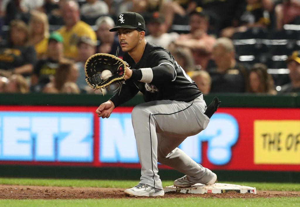 Jul 18, 2025; Pittsburgh, Pennsylvania, USA; Chicago White Sox third baseman Miguel Vargas (20) takes a throw to retire Pittsburgh Pirates shortstop Liover Peguero (not pictured) during the eighth inning at PNC Park. Mandatory Credit: Charles LeClaire-Imagn Images