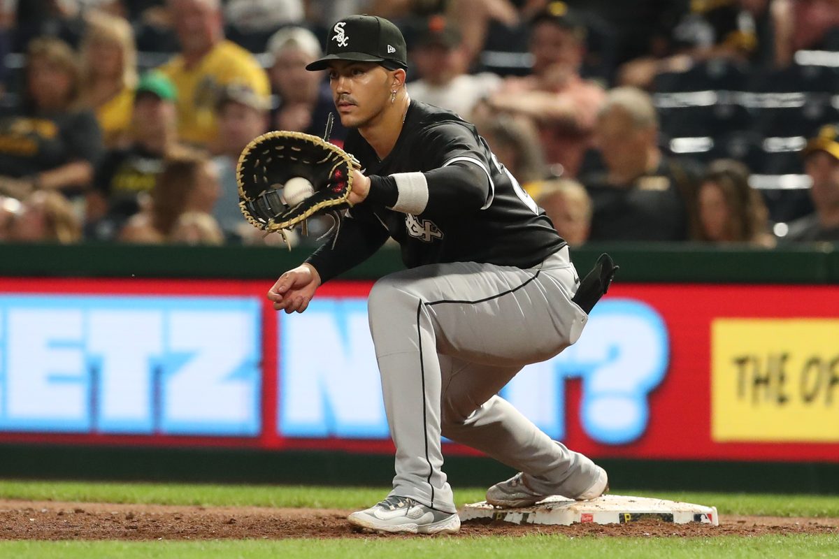 Jul 18, 2025; Pittsburgh, Pennsylvania, USA; Chicago White Sox third baseman Miguel Vargas (20) takes a throw to retire Pittsburgh Pirates shortstop Liover Peguero (not pictured) during the eighth inning at PNC Park. Mandatory Credit: Charles LeClaire-Imagn Images