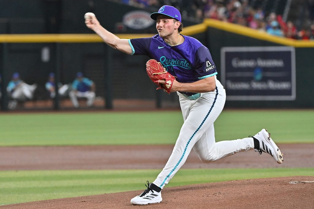 Jul 18, 2025; Phoenix, Arizona, USA; Arizona Diamondbacks pitcher Brandon Pfaadt (32) throws in the first inning against the St. Louis Cardinals at Chase Field. Mandatory Credit: Matt Kartozian-Imagn Images