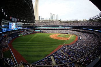 Jul 19, 2025; Toronto, Ontario, CAN; A general view of  Rogers Centre from left field during a game between the San Francisco Giants and Toronto Blue Jays. Mandatory Credit: John E. Sokolowski-Imagn Images