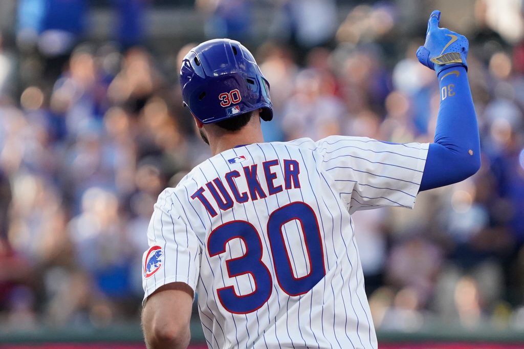 Jul 19, 2025; Chicago, Illinois, USA; Chicago Cubs outfielder Kyle Tucker (30) gestures after hitting a home run against the Boston Red Sox during the first inning at Wrigley Field. Mandatory Credit: David Banks-Imagn Images