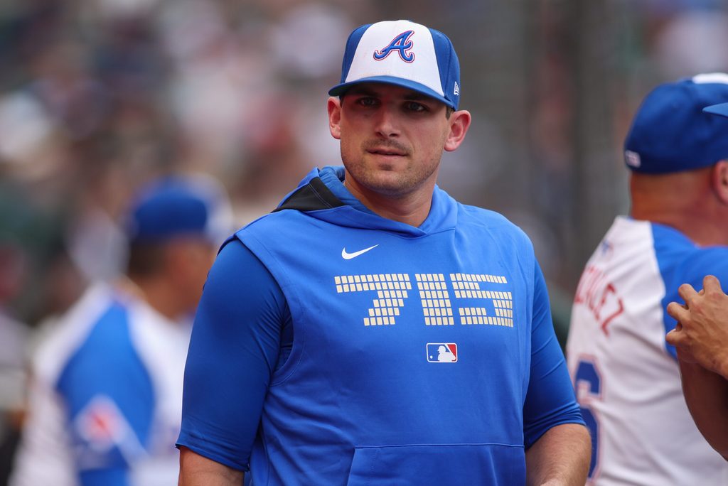 Jul 19, 2025; Atlanta, Georgia, USA; Atlanta Braves third baseman Austin Riley (27) in the dugout before a game against the New York Yankees at Truist Park. Mandatory Credit: Brett Davis-Imagn Images
