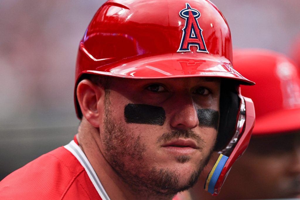 Jul 19, 2025; Philadelphia, Pennsylvania, USA; Los Angeles Angels outfielder Mike Trout looks on from the dugout during a game against the Philadelphia Phillies at Citizens Bank Park. Mandatory Credit: Bill Streicher-Imagn Images
