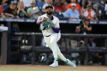 Jul 19, 2025; Tampa, Florida, USA; Tampa Bay Rays third baseman Junior Caminero (13) throws to first base against the Baltimore Orioles in the sixth inning at George M. Steinbrenner Field. Mandatory Credit: Nathan Ray Seebeck-Imagn Images