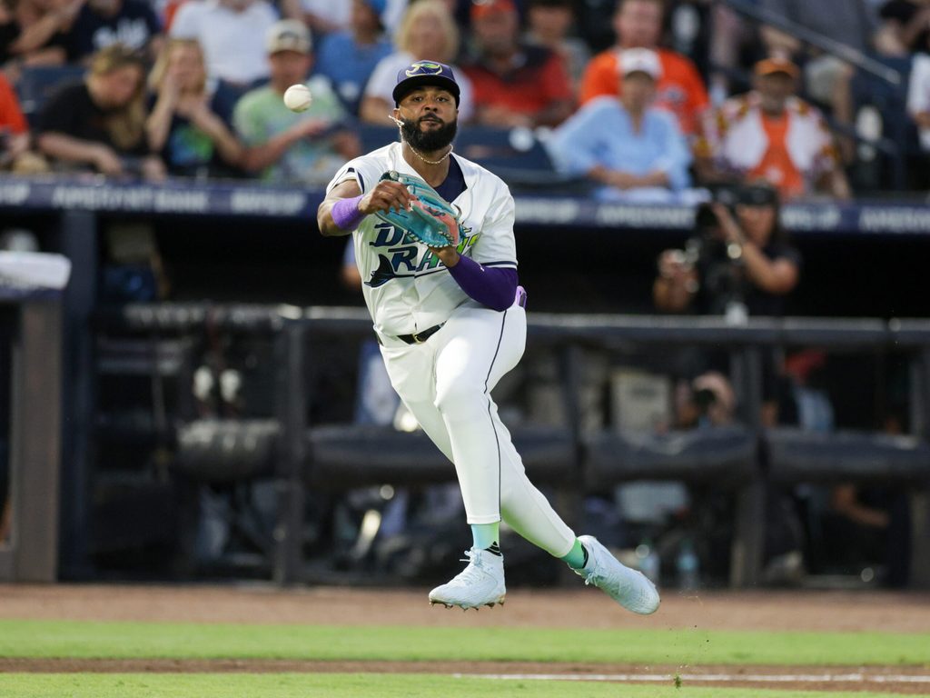 Jul 19, 2025; Tampa, Florida, USA; Tampa Bay Rays third baseman Junior Caminero (13) throws to first base against the Baltimore Orioles in the sixth inning at George M. Steinbrenner Field. Mandatory Credit: Nathan Ray Seebeck-Imagn Images