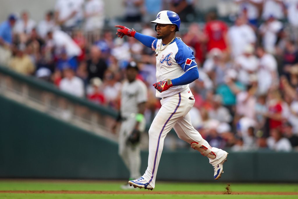 Jul 19, 2025; Atlanta, Georgia, USA; Atlanta Braves second baseman Ozzie Albies (1) celebrates after a three-run home run against the New York Yankees in the fourth inning at Truist Park. Mandatory Credit: Brett Davis-Imagn Images