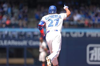 Jul 20, 2025; Toronto, Ontario, CAN; Toronto Blue Jays first base Vladimir Guerrero Jr. (27) runs the bases after hitting a home run against the San Francisco Giants during the first inning at Rogers Centre. Mandatory Credit: Nick Turchiaro-Imagn Images