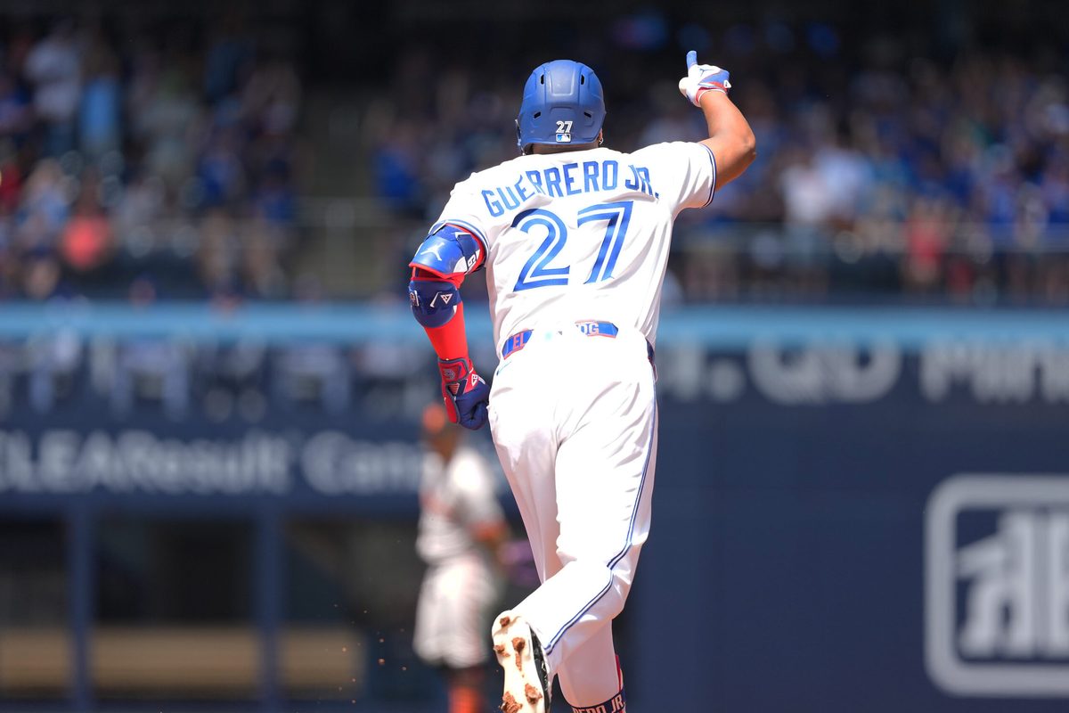 Jul 20, 2025; Toronto, Ontario, CAN; Toronto Blue Jays first base Vladimir Guerrero Jr. (27) runs the bases after hitting a home run against the San Francisco Giants during the first inning at Rogers Centre. Mandatory Credit: Nick Turchiaro-Imagn Images