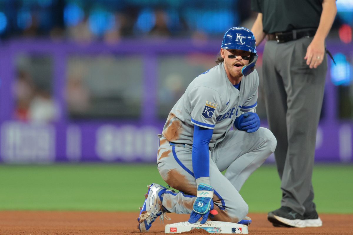 Jul 20, 2025; Miami, Florida, USA; Kansas City Royals shortstop Bobby Witt Jr. (7) looks on from second base after hitting a double against the Miami Marlins during the fourth inning at loanDepot Park. Mandatory Credit: Sam Navarro-Imagn Images