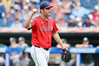 Jul 20, 2025; Cleveland, Ohio, USA; Cleveland Guardians starting pitcher Gavin Williams (32) celebrates during the seventh inning against the Athletics at Progressive Field. Mandatory Credit: Ken Blaze-Imagn Images