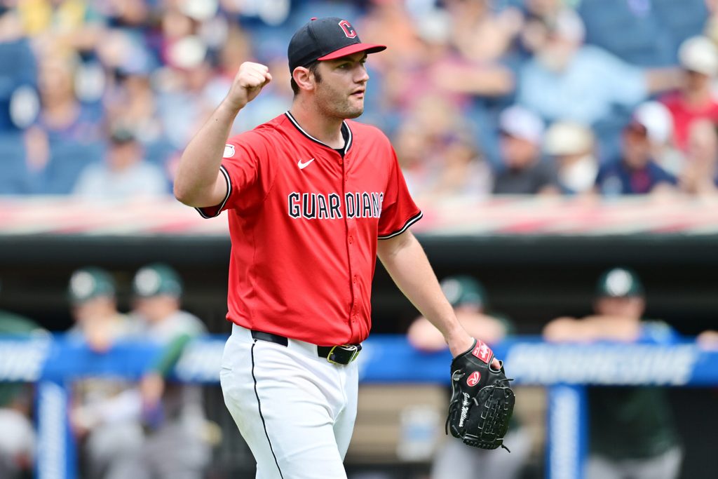 Jul 20, 2025; Cleveland, Ohio, USA; Cleveland Guardians starting pitcher Gavin Williams (32) celebrates during the seventh inning against the Athletics at Progressive Field. Mandatory Credit: Ken Blaze-Imagn Images
