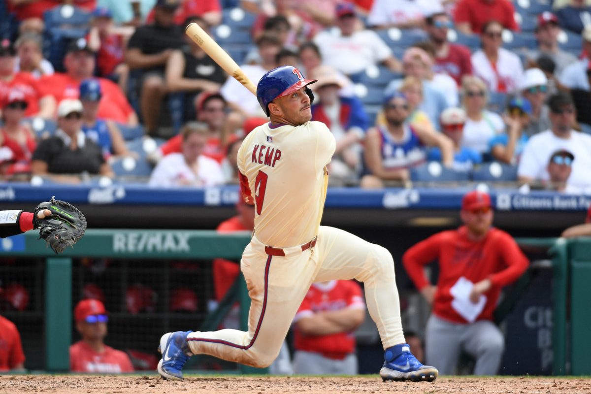 Jul 20, 2025; Philadelphia, Pennsylvania, USA; Philadelphia Phillies first base Otto Kemp (4) watches his home run during the sixth inning against the Los Angeles Angels at Citizens Bank Park. Mandatory Credit: Eric Hartline-Imagn Images
