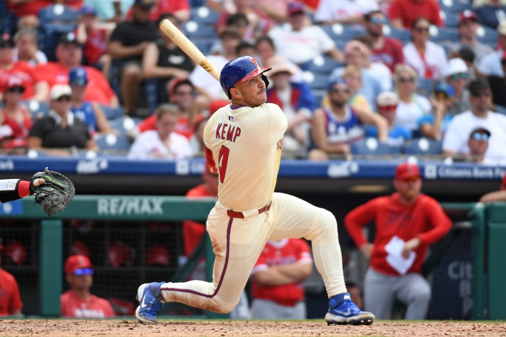 Jul 20, 2025; Philadelphia, Pennsylvania, USA; Philadelphia Phillies first base Otto Kemp (4) watches his home run during the sixth inning against the Los Angeles Angels at Citizens Bank Park. Mandatory Credit: Eric Hartline-Imagn Images