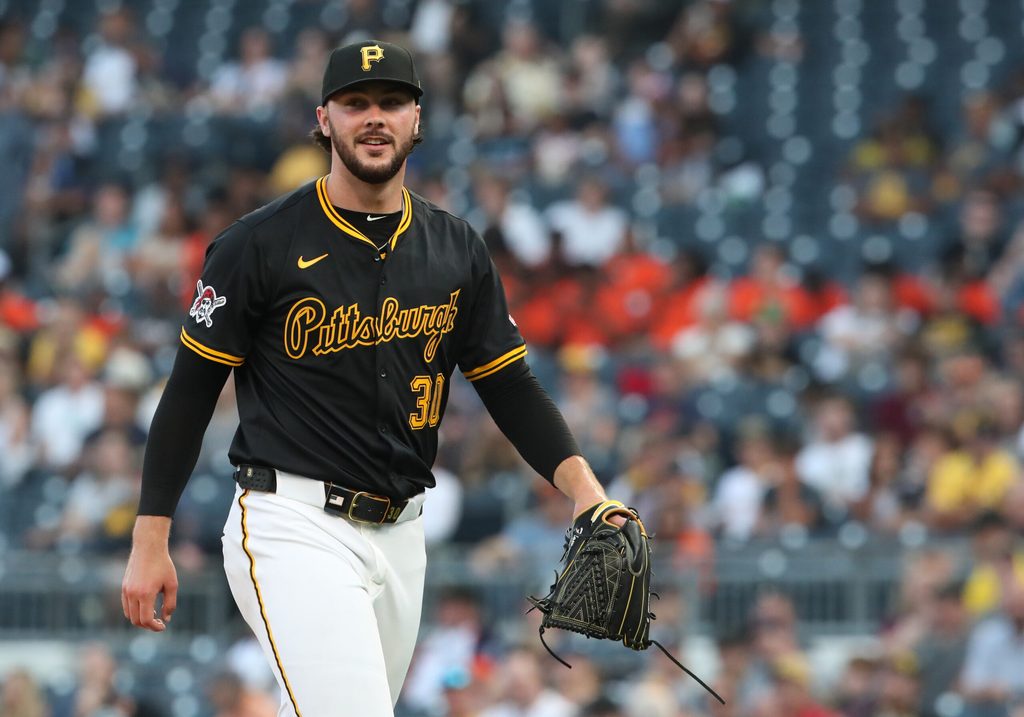 Jul 21, 2025; Pittsburgh, Pennsylvania, USA; Pittsburgh Pirates starting pitcher Paul Skenes (30) reacts after pitching the fourth inning against the Detroit Tigers at PNC Park. Mandatory Credit: Charles LeClaire-Imagn Images