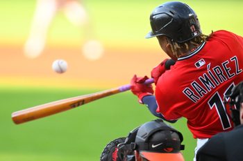 Jul 21, 2025; Cleveland, Ohio, USA; Cleveland Guardians third baseman Jose Ramirez (11) hits a three-run home run in the first inning against the Baltimore Orioles at Progressive Field. Mandatory Credit: David Richard-Imagn Images