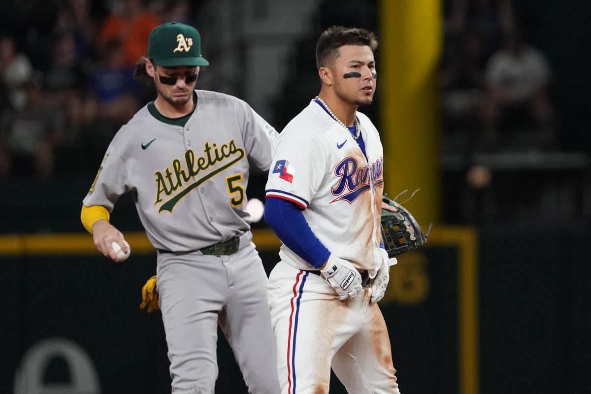 July 21, 2025; Arlington, Texas, USA; Texas Rangers designated hitter Cody Freeman (39) reacts at second base after collecting his first major league hit, an RBI double during the fifth inning against the Athletics at Globe Life Field. Mandatory Credit: Raymond Carlin III-Imagn Images