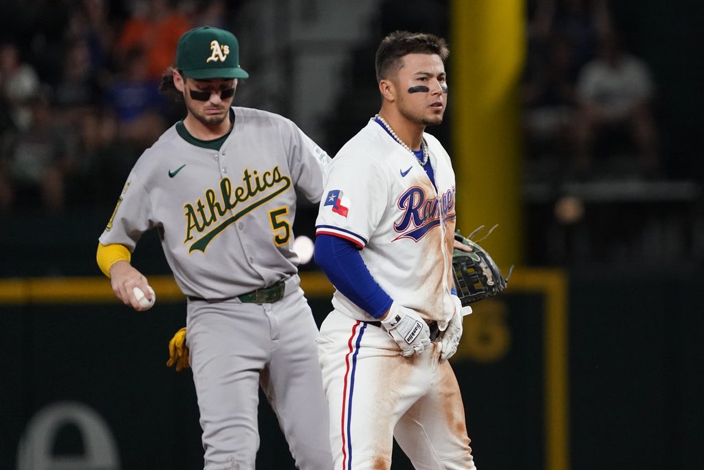 July 21, 2025; Arlington, Texas, USA; Texas Rangers designated hitter Cody Freeman (39) reacts at second base after collecting his first major league hit, an RBI double during the fifth inning against the Athletics at Globe Life Field. Mandatory Credit: Raymond Carlin III-Imagn Images