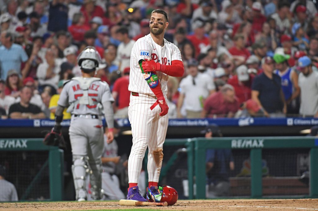 Jul 21, 2025; Philadelphia, Pennsylvania, USA; Philadelphia Phillies first base Bryce Harper (3) reacts after striking out to end the eighth inning against the Boston Red Sox at Citizens Bank Park. Mandatory Credit: Eric Hartline-Imagn Images