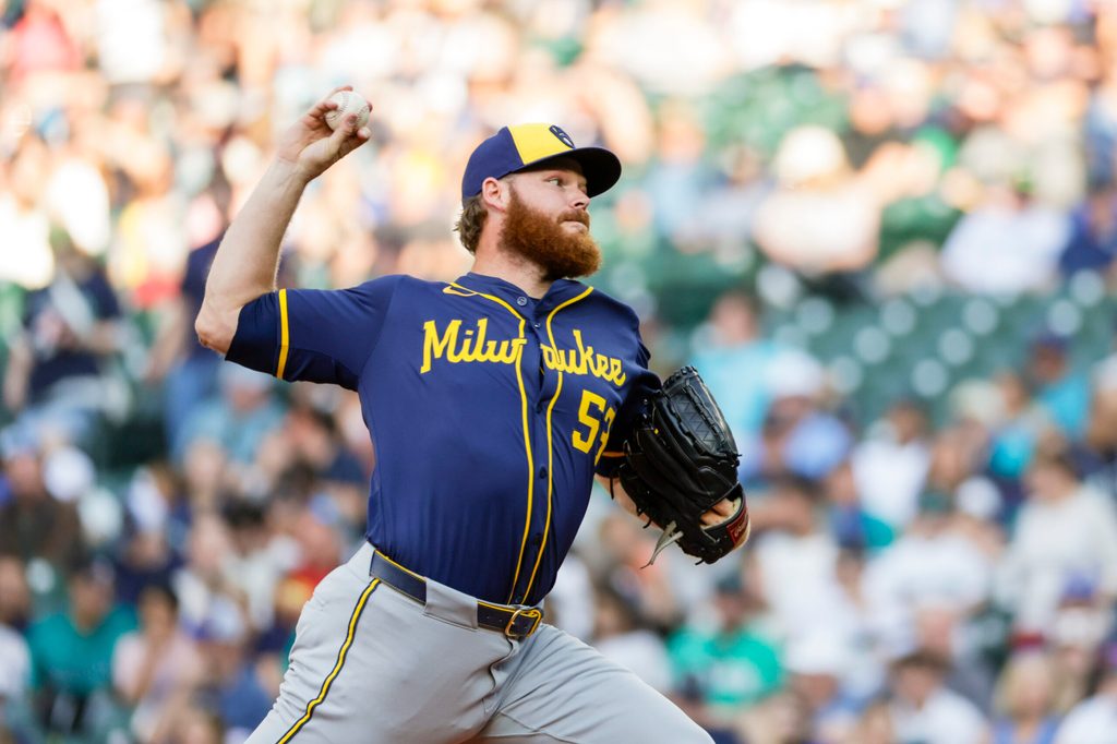 Jul 21, 2025; Seattle, Washington, USA; Milwaukee Brewers starting pitcher Brandon Woodruff (53) throws against the Seattle Mariners during the second inning at T-Mobile Park. Mandatory Credit: Joe Nicholson-Imagn Images