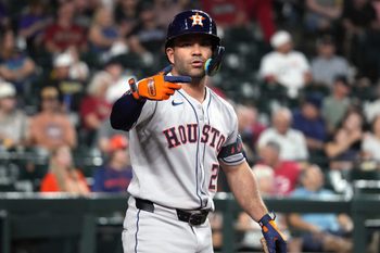 Jul 21, 2025; Phoenix, Arizona, USA; Houston Astros outfielder Jose Altuve (27) gets ready to hit against the Arizona Diamondbacks in the first inning at Chase Field. Mandatory Credit: Rick Scuteri-Imagn Images
