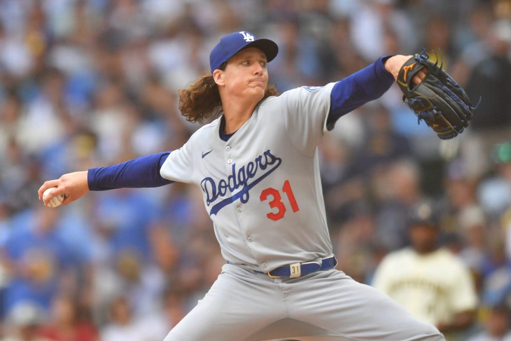 Jul 9, 2025; Milwaukee, Wisconsin, USA; Los Angeles Dodgers starting pitcher Tyler Glasnow (31) pitches during the third inning against the Milwaukee Brewers at American Family Field. Mandatory Credit: Patrick Gorski-Imagn Images