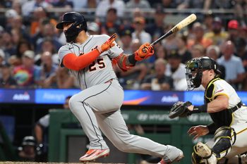 Jul 22, 2025; Pittsburgh, Pennsylvania, USA;  Detroit Tigers second baseman Gleyber Torres (25) hits a single against the Pittsburgh Pirates during the seventh inning at PNC Park. Mandatory Credit: Charles LeClaire-Imagn Images