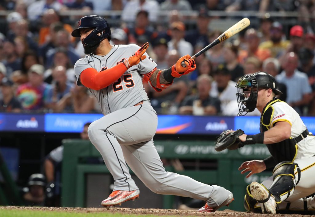 Jul 22, 2025; Pittsburgh, Pennsylvania, USA; Detroit Tigers second baseman Gleyber Torres (25) hits a single against the Pittsburgh Pirates during the seventh inning at PNC Park. Mandatory Credit: Charles LeClaire-Imagn Images