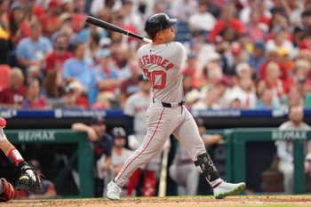 Jul 22, 2025; Philadelphia, Pennsylvania, USA; Boston Red Sox outfielder Rob Refsnyder (30) hits a home run against the Philadelphia Phillies in the fourth inning at Citizens Bank Park. Mandatory Credit: Kyle Ross-Imagn Images