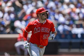 Jul 23, 2025; New York City, New York, USA; Los Angeles Angels outfielder Mike Trout (27) runs the bases after hitting a solo home run against the New York Mets during the third inning at Citi Field. Mandatory Credit: John Jones-Imagn Images