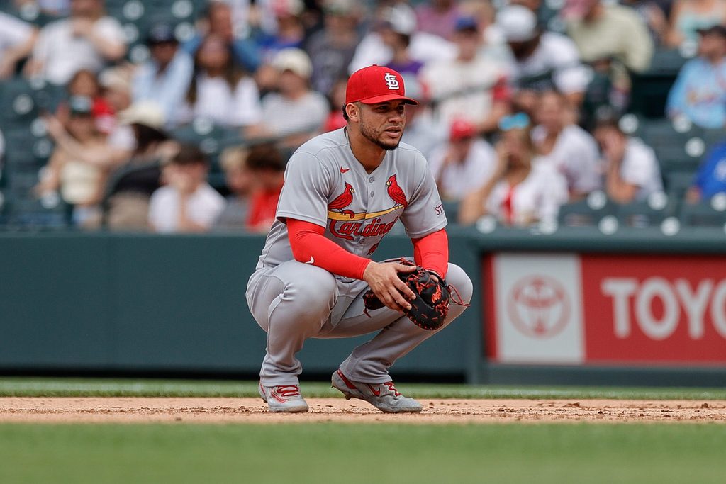 Jul 23, 2025; Denver, Colorado, USA; St. Louis Cardinals first baseman Willson Contreras (40) in the eighth inning against the Colorado Rockies at Coors Field. Mandatory Credit: Isaiah J. Downing-Imagn Images