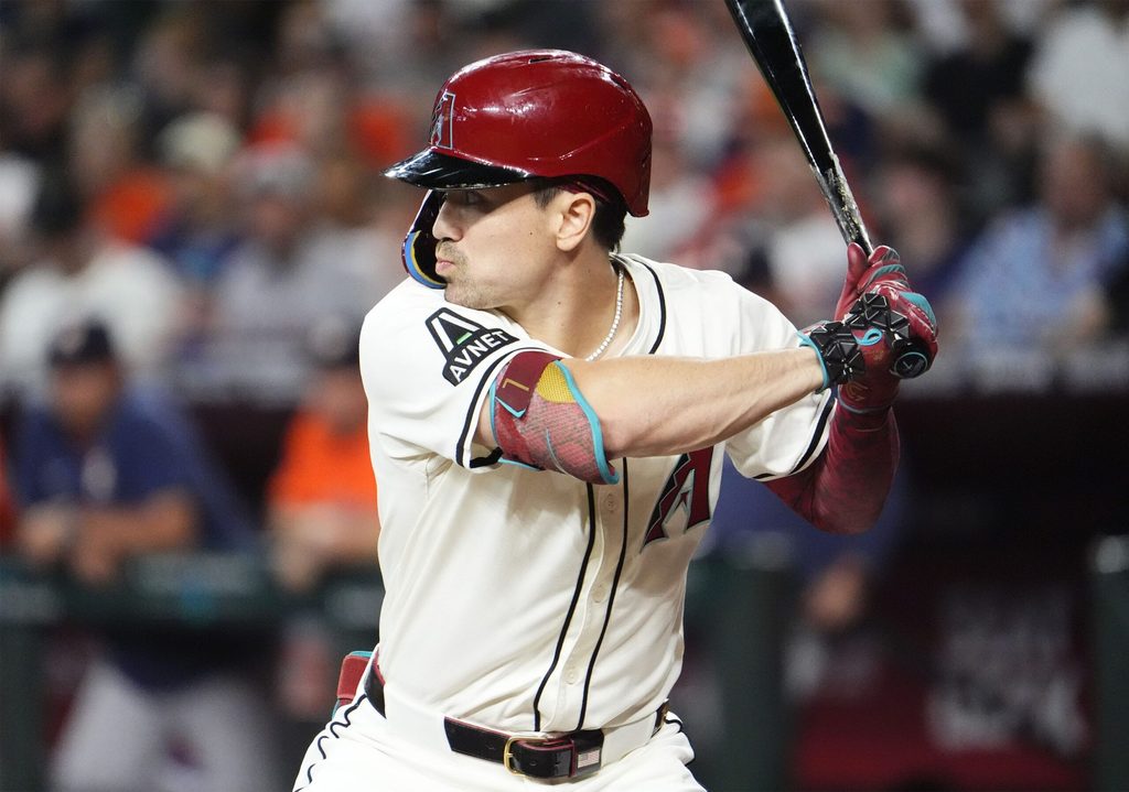 Arizona Diamondbacks' Corbin Carroll bats against the Houston Astros in the first inning at Chase Field in Phoenix on July 23, 2025.