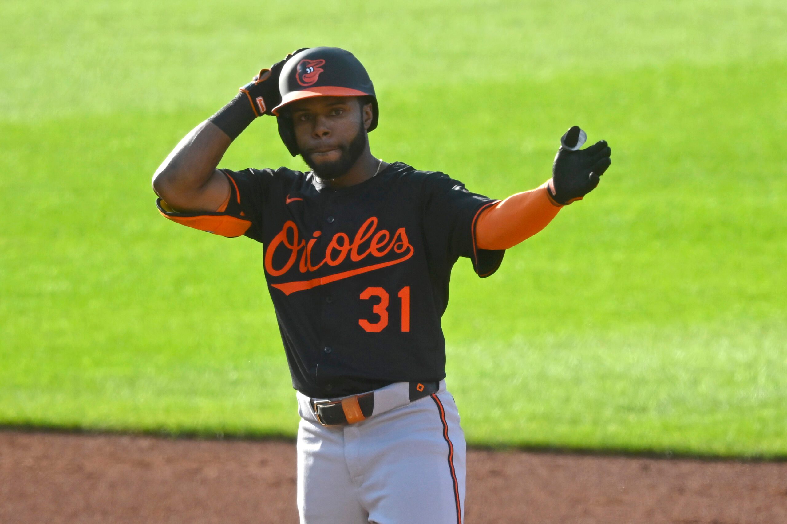 Jul 23, 2025; Cleveland, Ohio, USA; Baltimore Orioles center fielder Cedric Mullins (31) celebrates his doubles in the third inning against the Cleveland Guardians at Progressive Field. Mandatory Credit: David Richard-Imagn Images