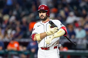 Jul 22, 2025; Phoenix, Arizona, USA; Arizona Diamondbacks designated hitter Eugenio Suarez against the Houston Astros at Chase Field. Mandatory Credit: Mark J. Rebilas-Imagn Images