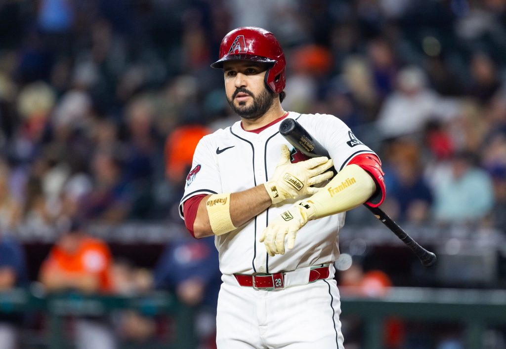 Jul 22, 2025; Phoenix, Arizona, USA; Arizona Diamondbacks designated hitter Eugenio Suarez against the Houston Astros at Chase Field. Mandatory Credit: Mark J. Rebilas-Imagn Images