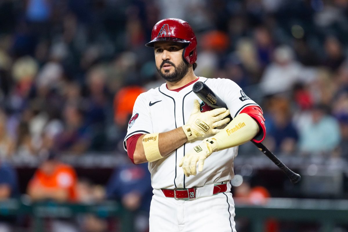 Jul 22, 2025; Phoenix, Arizona, USA; Arizona Diamondbacks designated hitter Eugenio Suarez against the Houston Astros at Chase Field. Mandatory Credit: Mark J. Rebilas-Imagn Images