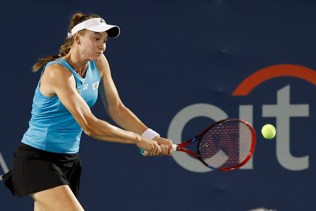 Jul 23, 2025; Washington, D.C., USA; Elena Rybakina (KAZ) hits a backhand against Victoria Mboko (CAN)(not pictured) in a women's singles match on day three of the Mubadala Citi DC Open at Rock Creek Park Tennis Center. Mandatory Credit: Geoff Burke-Imagn Images