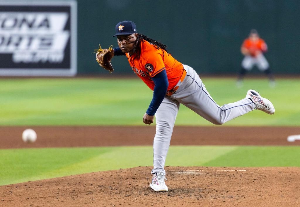 Jul 22, 2025; Phoenix, Arizona, USA; Houston Astros pitcher Framber Valdez against the Arizona Diamondbacks at Chase Field. Mandatory Credit: Mark J. Rebilas-Imagn Images