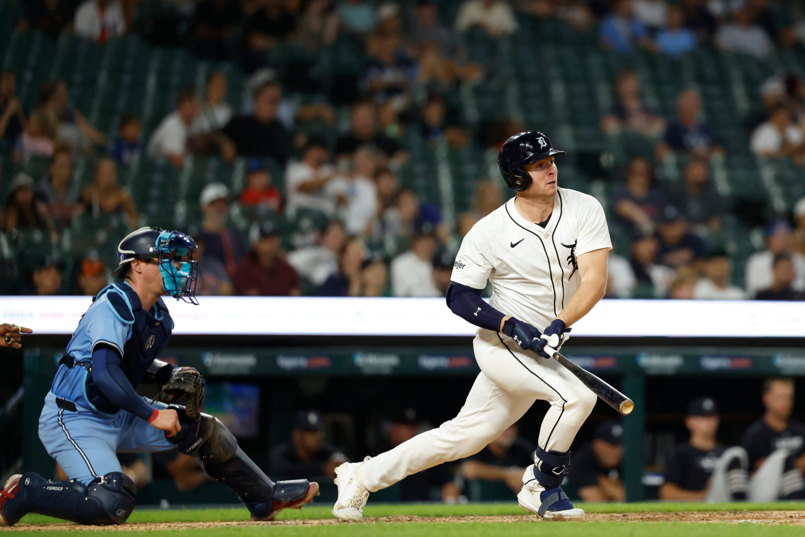 Jul 24, 2025; Detroit, Michigan, USA; Detroit Tigers second baseman Colt Keith (33) hits an RBI-single in the ninth inning against the Toronto Blue Jays at Comerica Park. Mandatory Credit: Rick Osentoski-Imagn Images