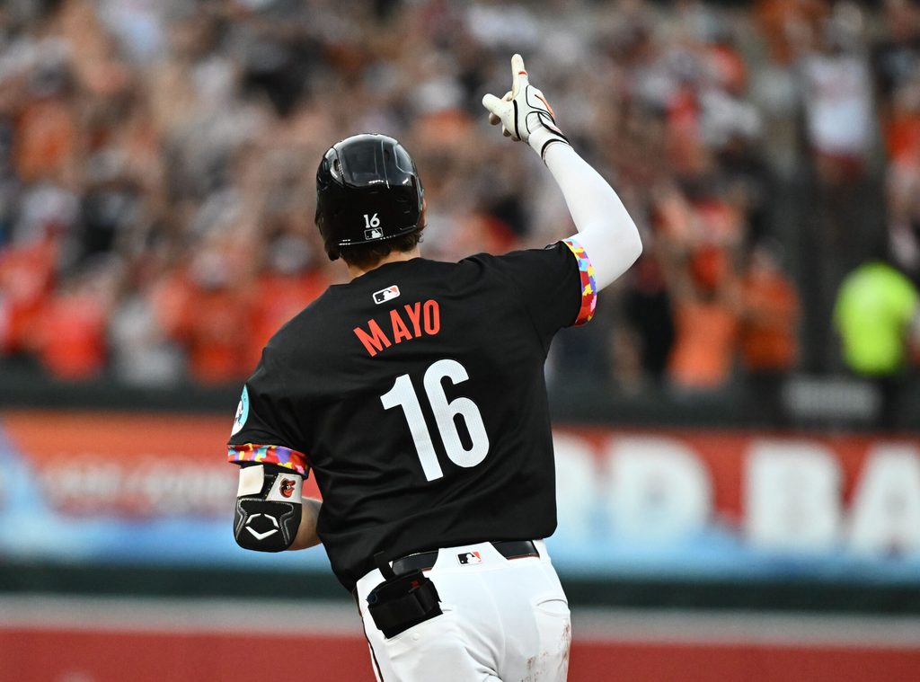 Jul 25, 2025; Baltimore, Maryland, USA; Baltimore Orioles first baseman Coby Mayo (16) gestures after hitting a solo home run during the second inning against the Colorado Rockies at Oriole Park at Camden Yards. Mandatory Credit: James A. Pittman-Imagn Images
