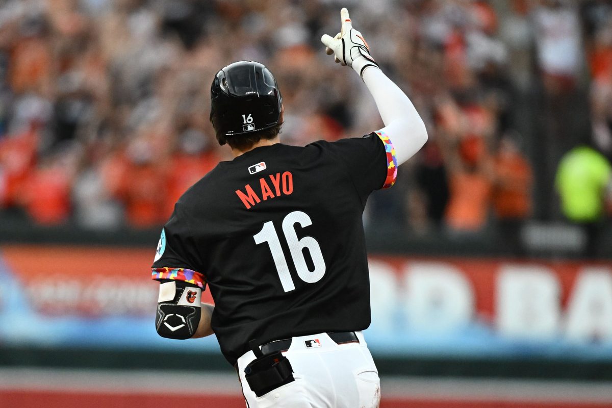 Jul 25, 2025; Baltimore, Maryland, USA; Baltimore Orioles first baseman Coby Mayo (16) gestures after hitting a solo home run during the second inning against the Colorado Rockies at Oriole Park at Camden Yards. Mandatory Credit: James A. Pittman-Imagn Images