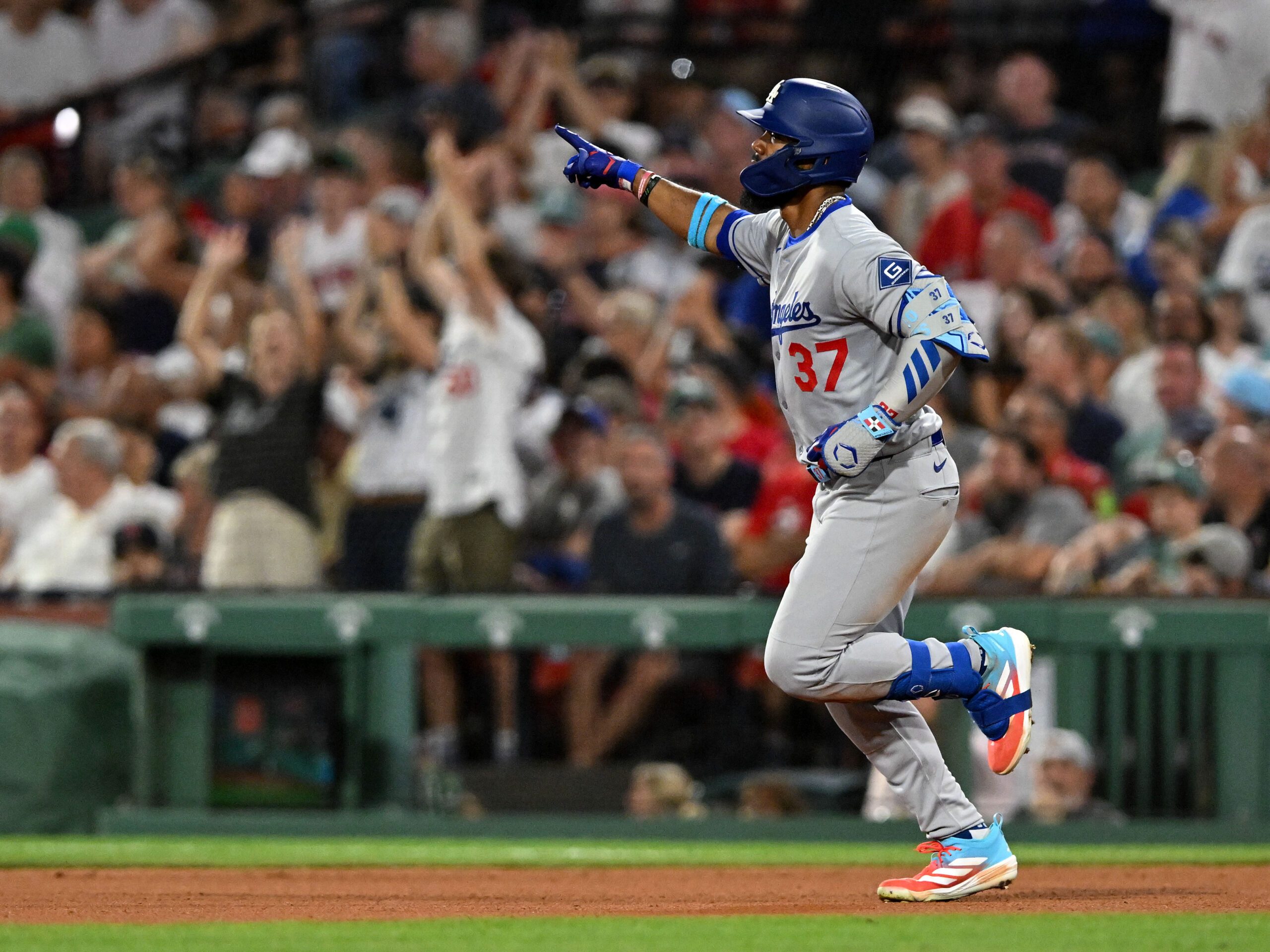 Jul 25, 2025; Boston, Massachusetts, USA; Los Angeles Dodgers right fielder Teoscar Hernandez (37) reacts after hitting a two-run home run against the Boston Red Sox during the eighth inning at Fenway Park. Mandatory Credit: Brian Fluharty-Imagn Images