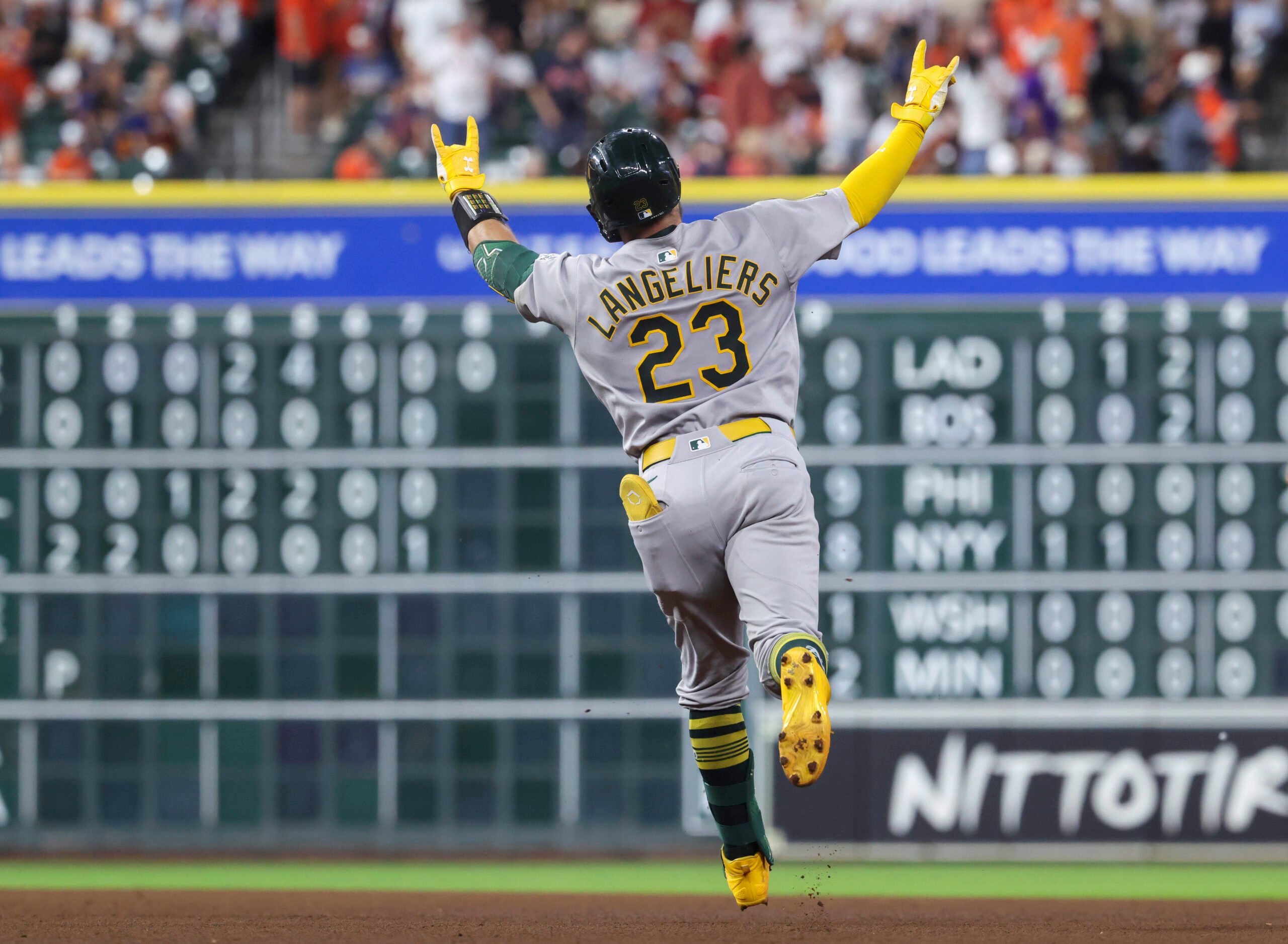 Jul 25, 2025; Houston, Texas, USA; Athletics catcher Shea Langeliers (23) rounds the bases after hitting a home run during the fourth inning against the Houston Astros at Daikin Park. Mandatory Credit: Troy Taormina-Imagn Images