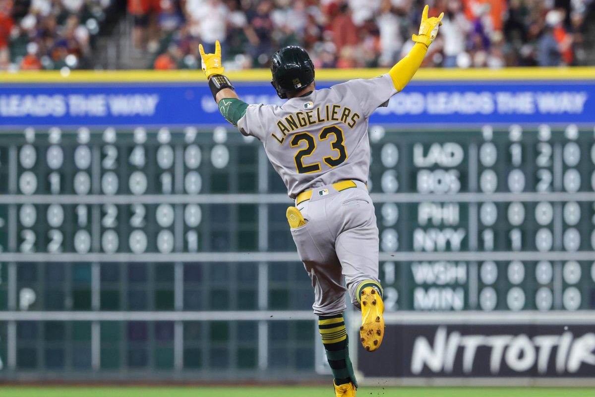 Jul 25, 2025; Houston, Texas, USA; Athletics catcher Shea Langeliers (23) rounds the bases after hitting a home run during the fourth inning against the Houston Astros at Daikin Park. Mandatory Credit: Troy Taormina-Imagn Images