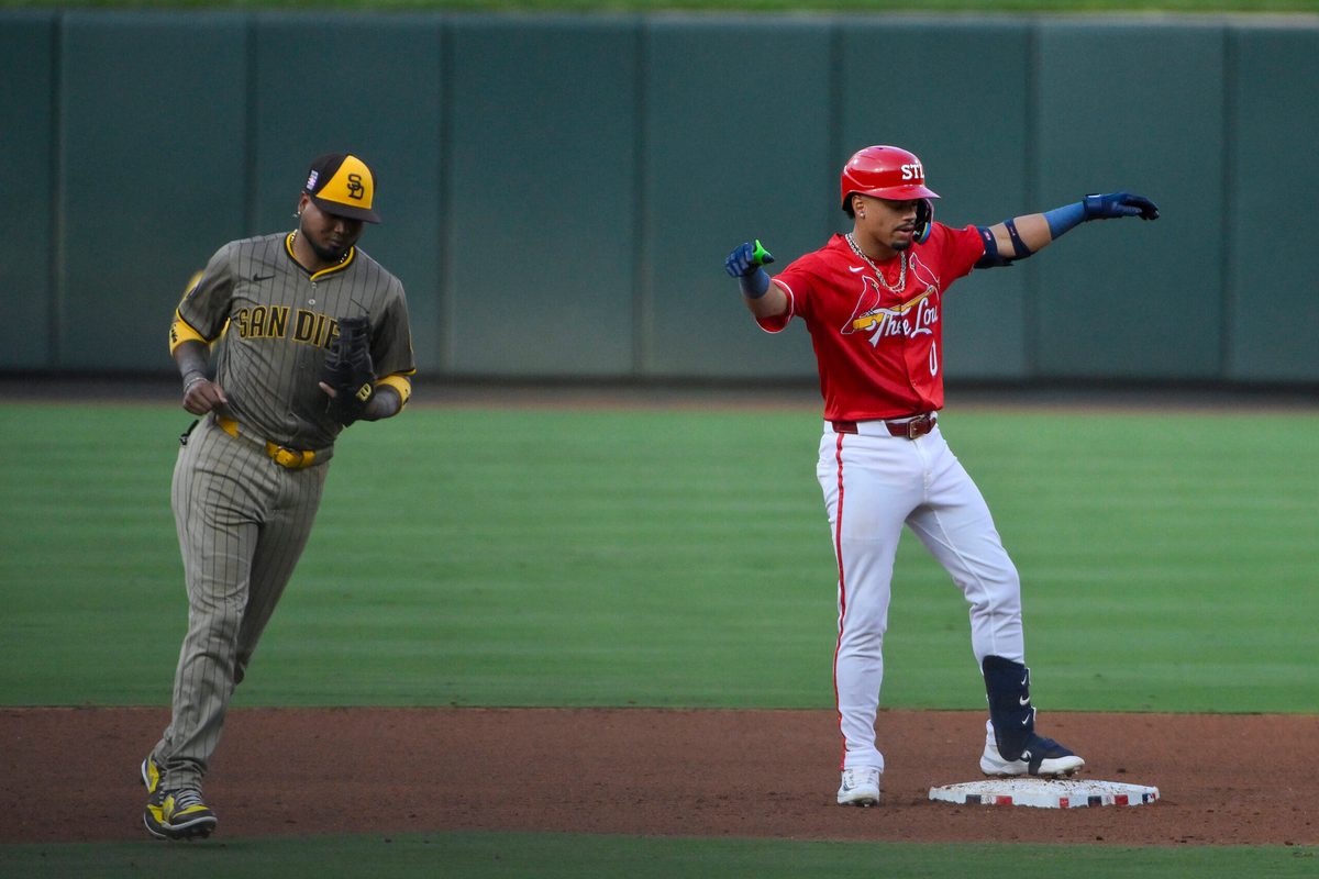 Jul 25, 2025; St. Louis, Missouri, USA; St. Louis Cardinals shortstop Masyn Winn (0) reacts after hitting a two run double against the San Diego Padres during the fourth inning at Busch Stadium. Mandatory Credit: Jeff Curry-Imagn Images